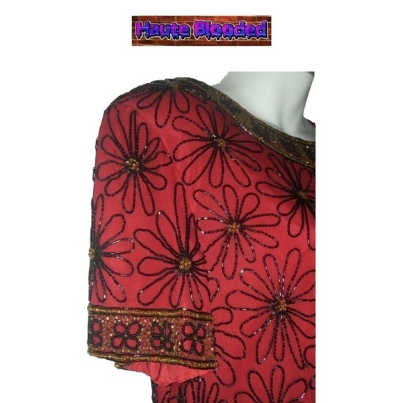 Vintage Adrianna Papell Boutique Red Silk Blouse Beaded Floral Flapper 20's VTG - Picture 7 of 11